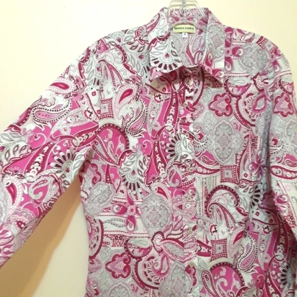 Rowland's Long-Sleeve button down paisley pink white shirt size 16
